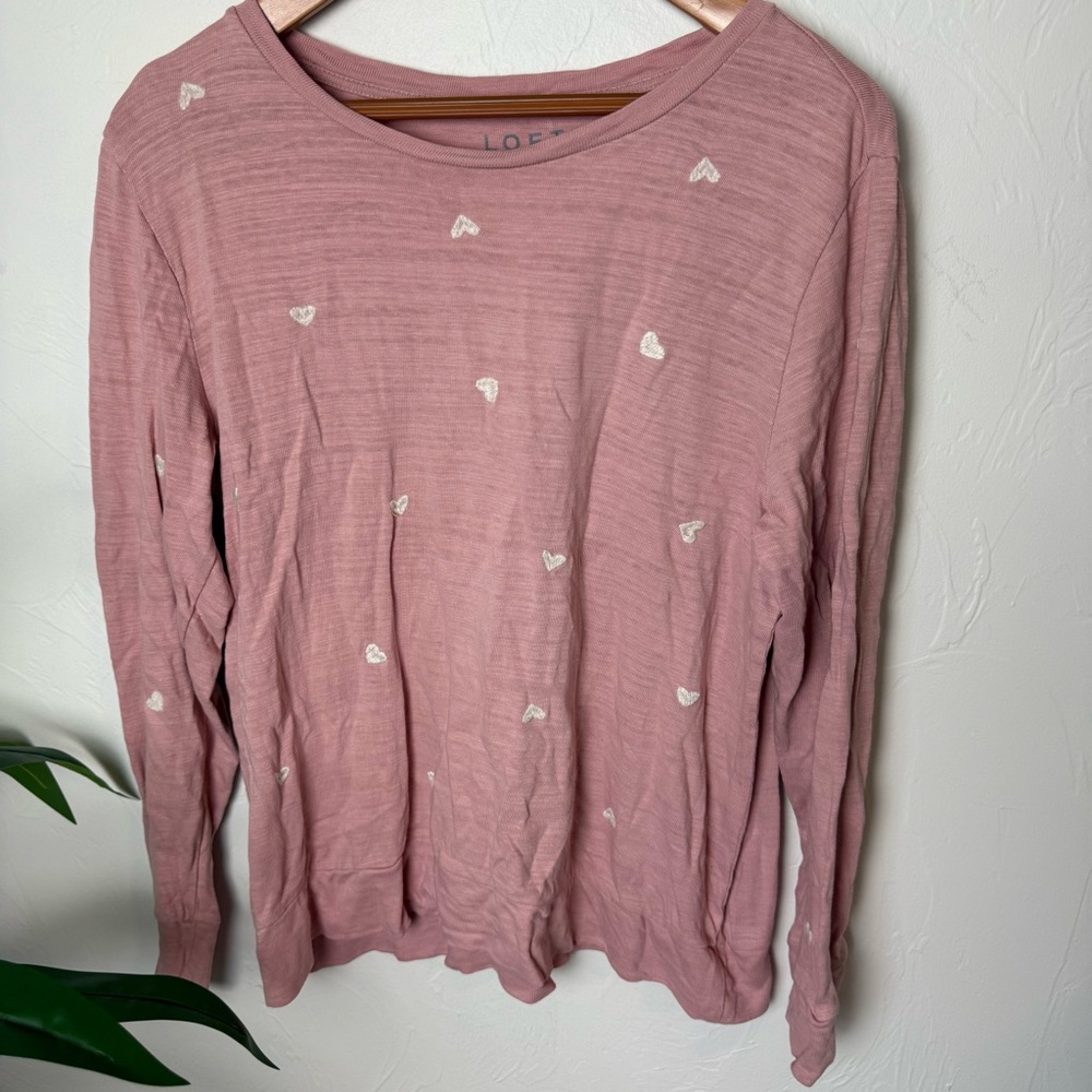 LOFT Pink Heart Print Long Sleeve Knit Top – Size Large